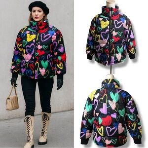 278 Wild Fable | NWOT Women’s Black Heart Print Puffer Jacket (size M)